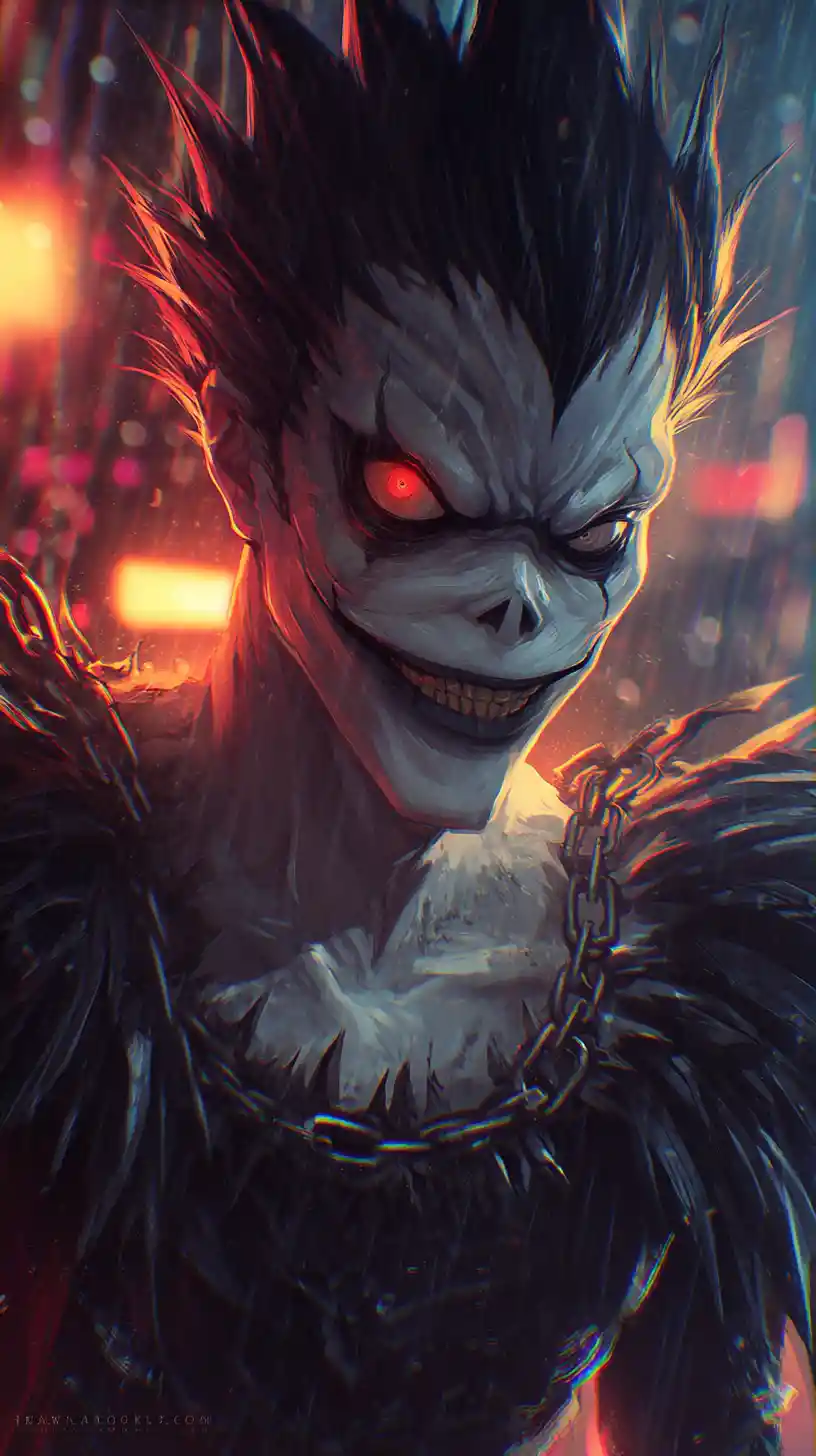 Menacing demon portrait with glowing eye and chains