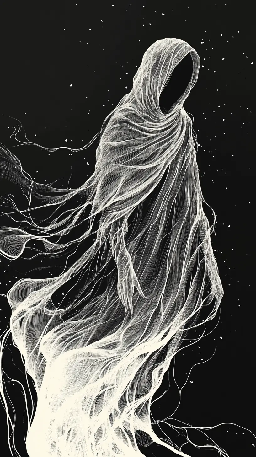 Hooded figure levitating in glowing monochrome darkness