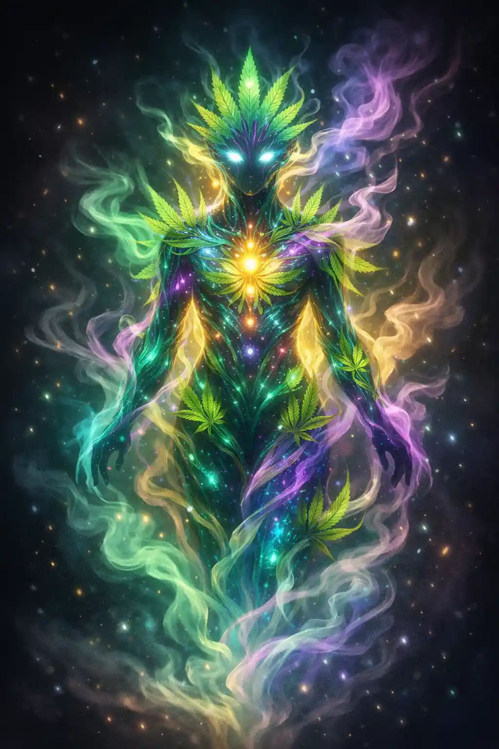 Abstract cannabis spirit of smoke with glowing neon energy