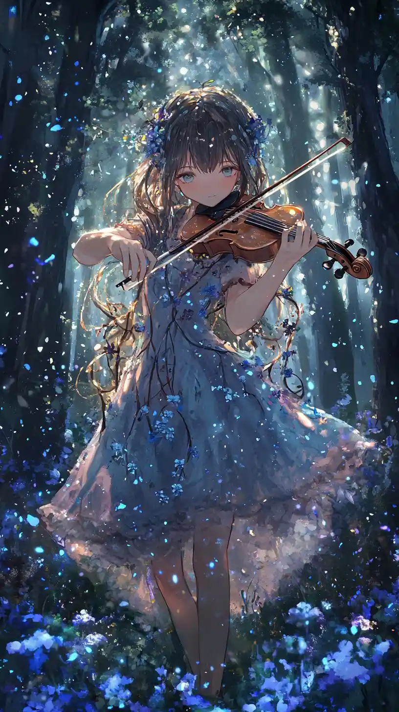 Ragazza anime che suona il violino in una foresta fantasy luminosa
