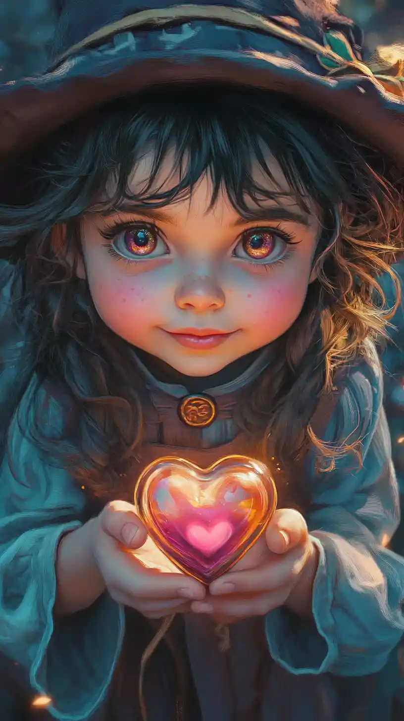Cute toddler wizard holding a glowing heart potion bottle