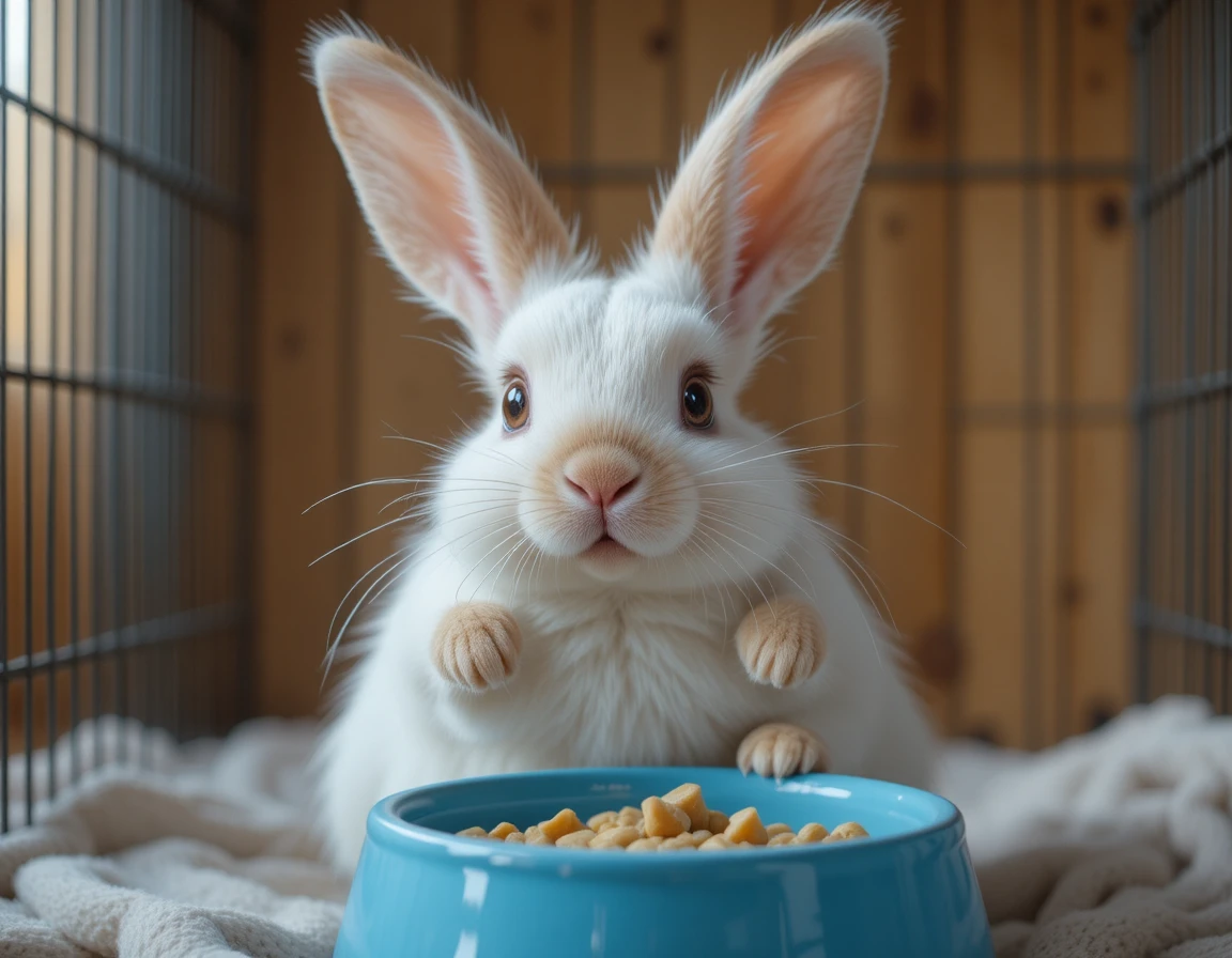 Close up of pet rabbit lifting blue food bowl