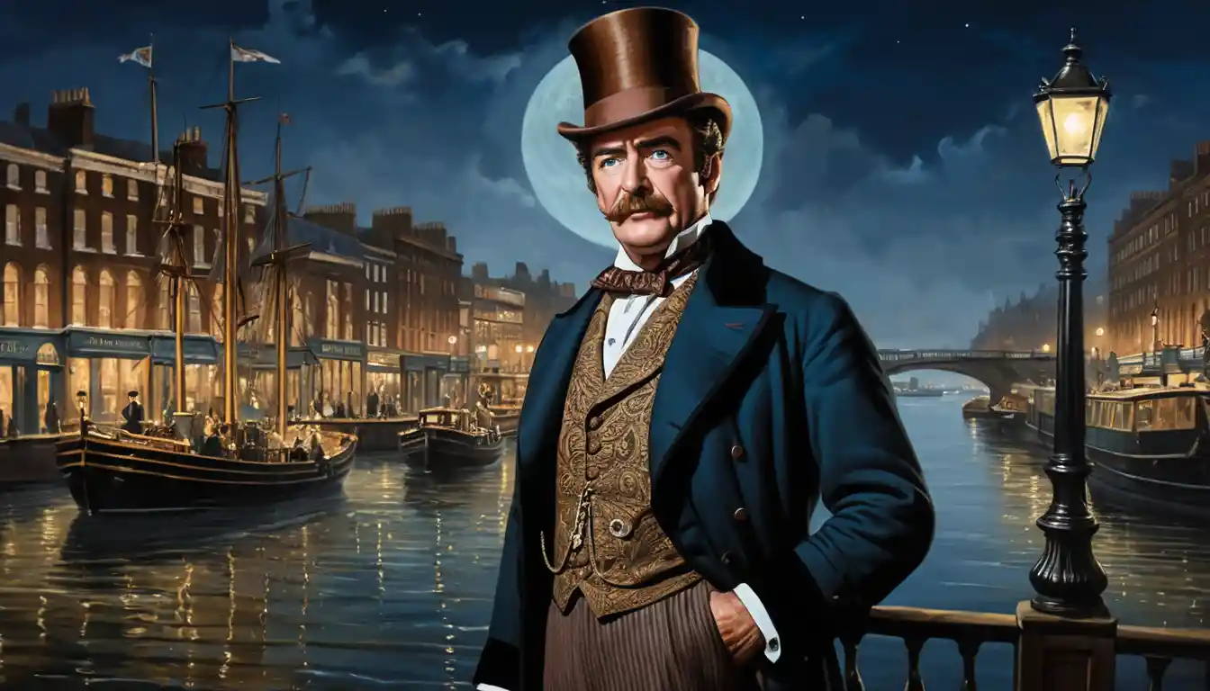 Eleganter englischer Gentleman in einem viktorianischen Hafen von Liverpool bei Nacht