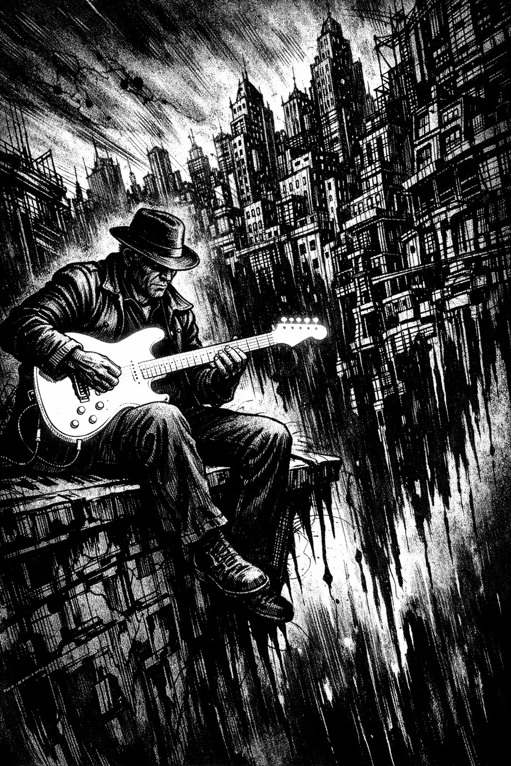 Blues guitarist on city rooftop in graphic noir style