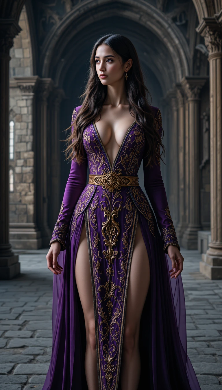 Elegant woman in purple gown in ancient stone hall
