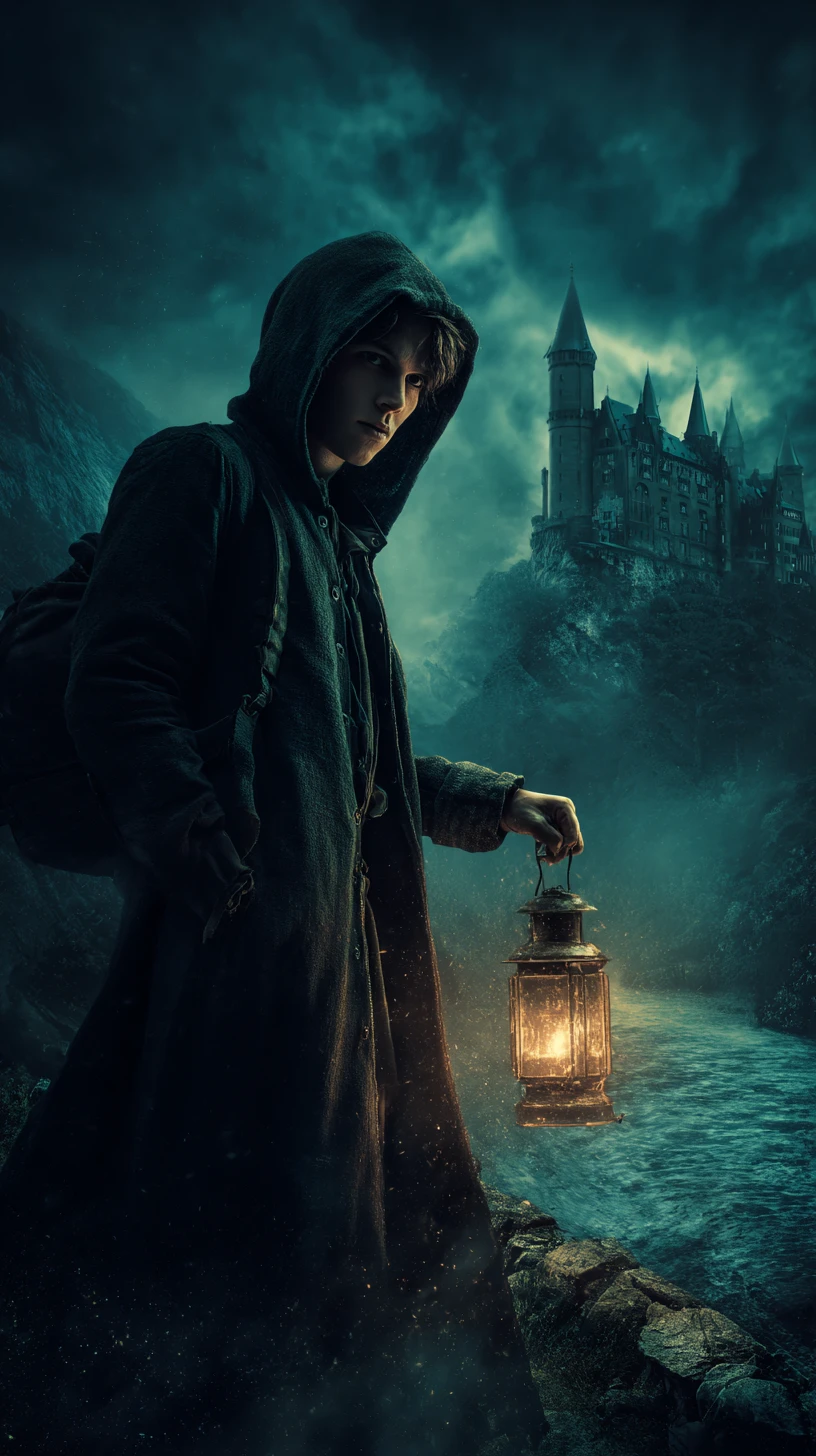 Hooded man with lantern on bridge before dark castle