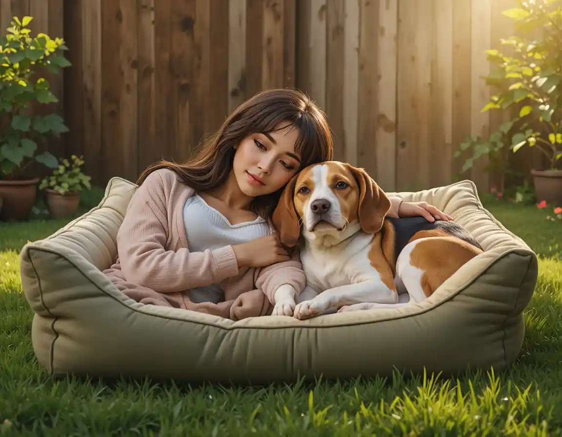 Two pet dogs sleeping together on a sunny garden bed