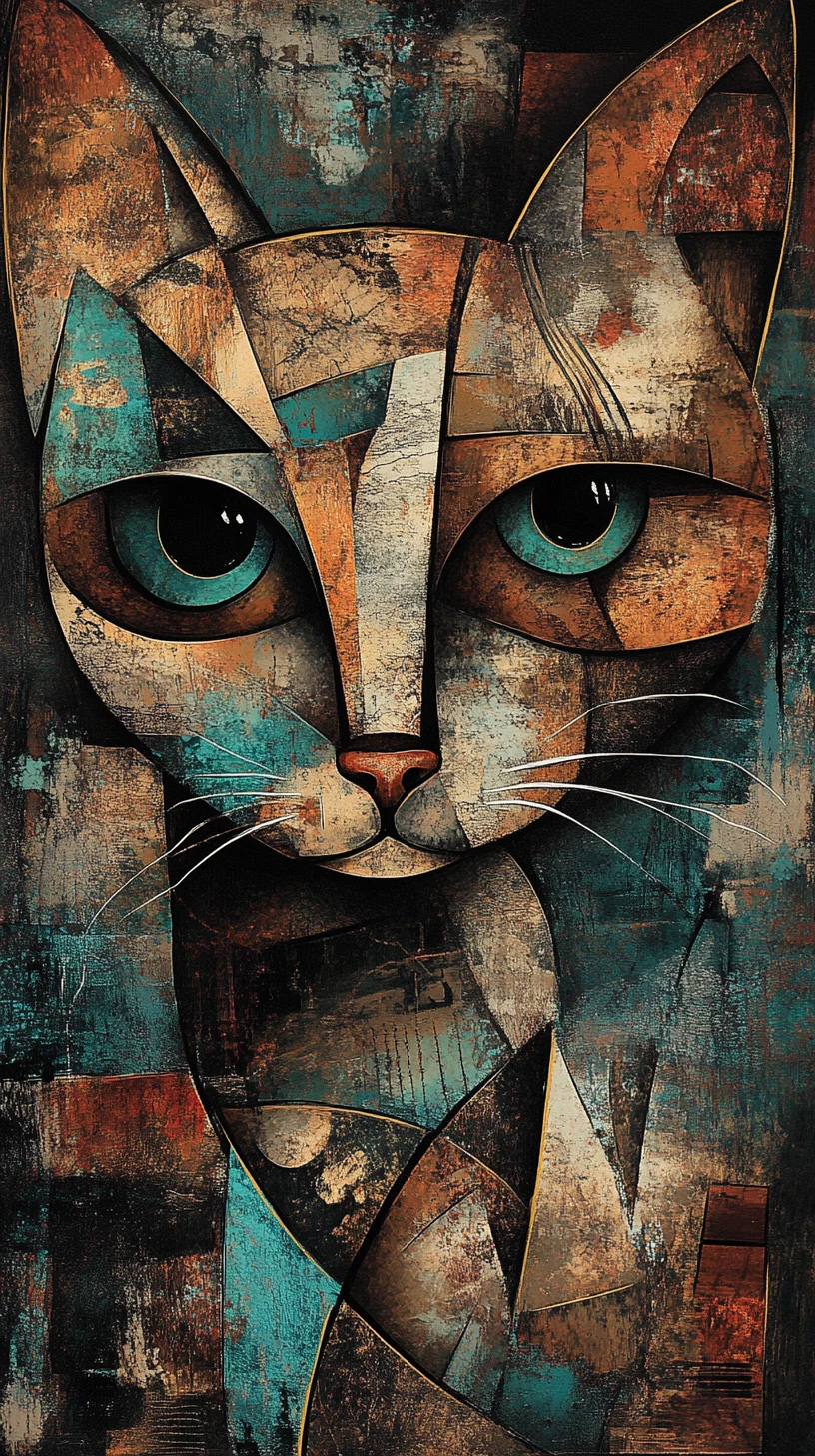 Surreal cubist cat portrait in fragmented geometric forms