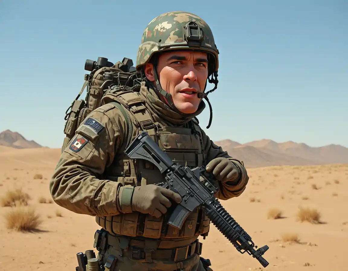 Armed soldier in camouflage uniform standing in bright desert