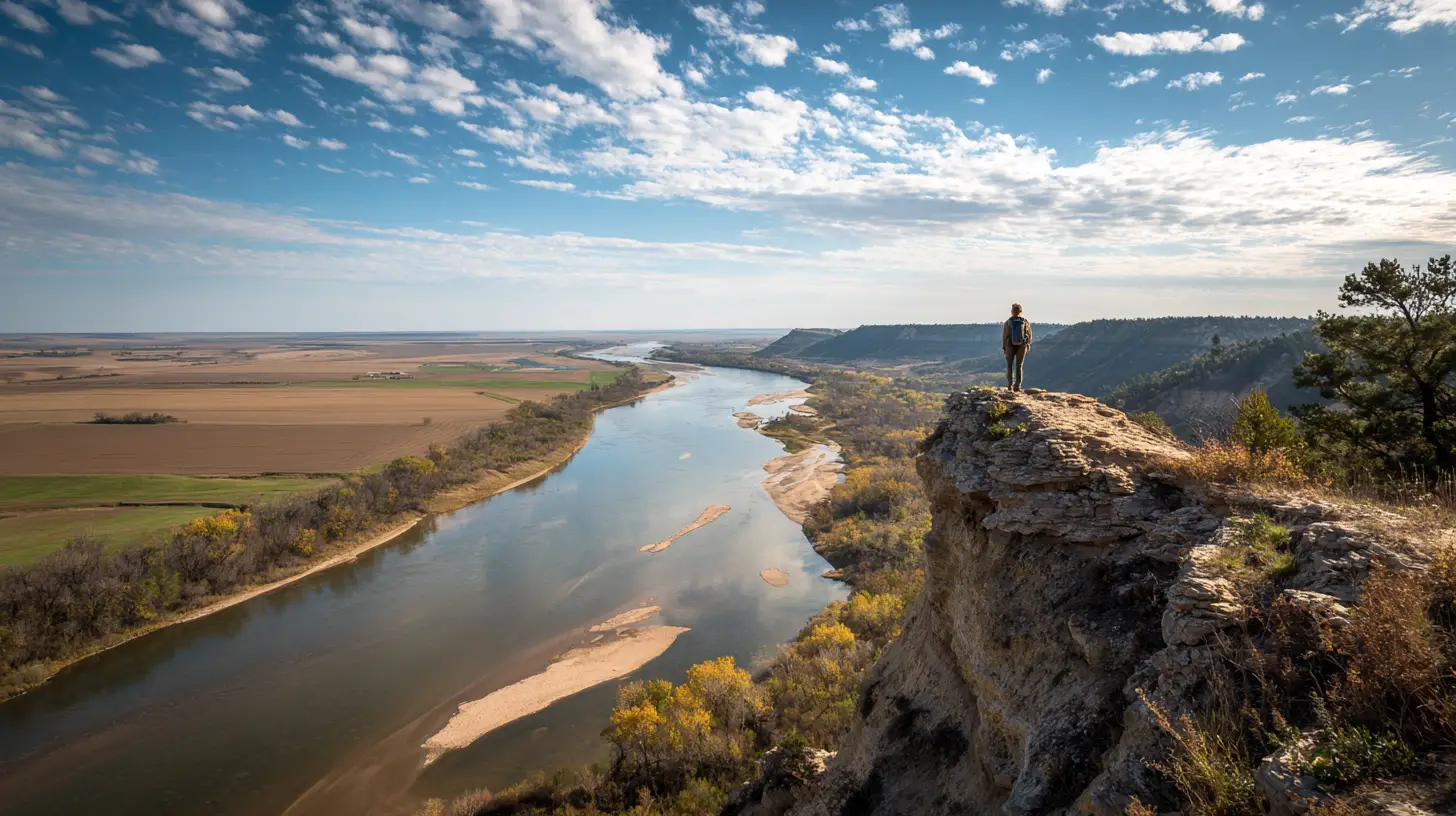 Woman overlooking river bluffs in bright landscape art