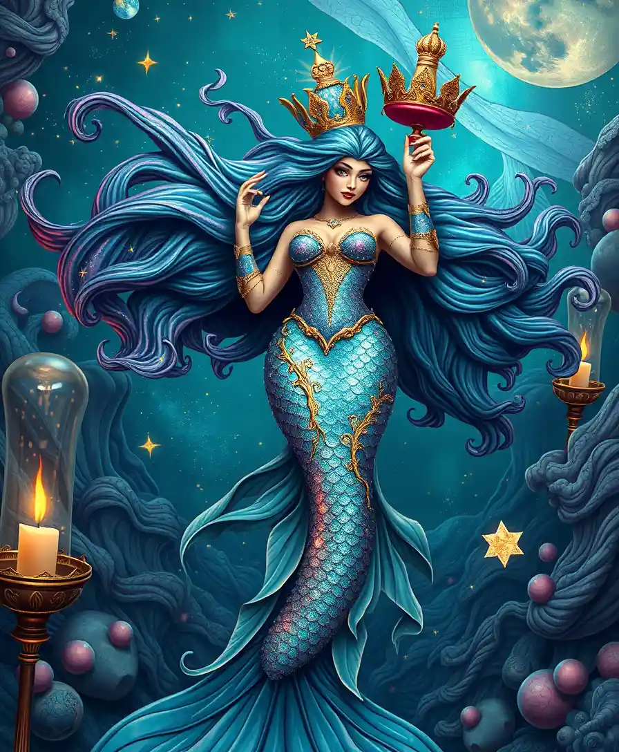 Cosmic queen mermaid in a playful pop surreal fantasy scene