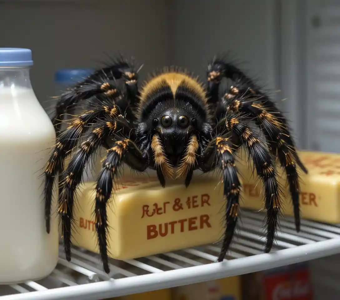 Hairy spider on a refrigerator shelf beside milk and butter