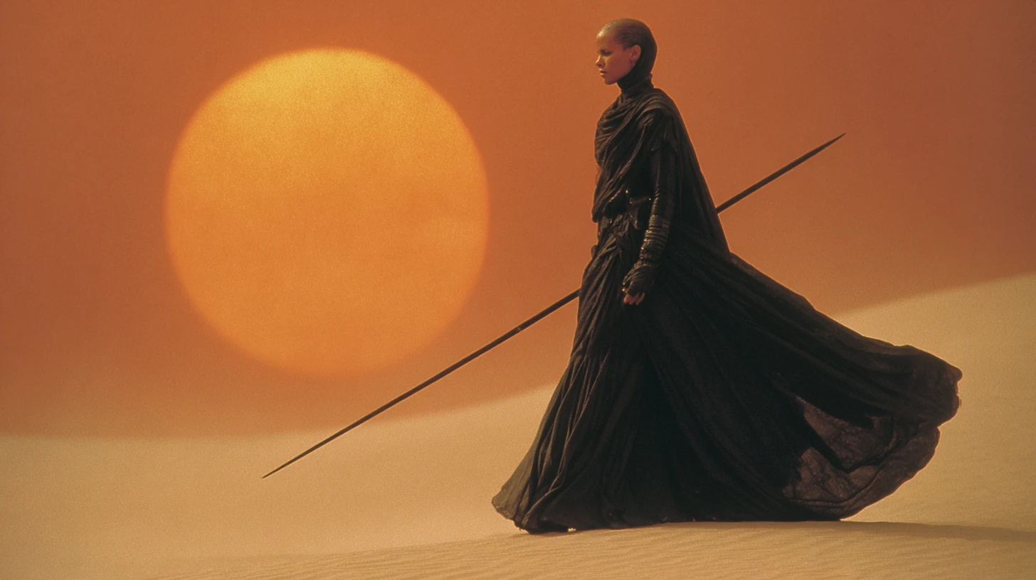 Tall alien priestess with guards under twin suns