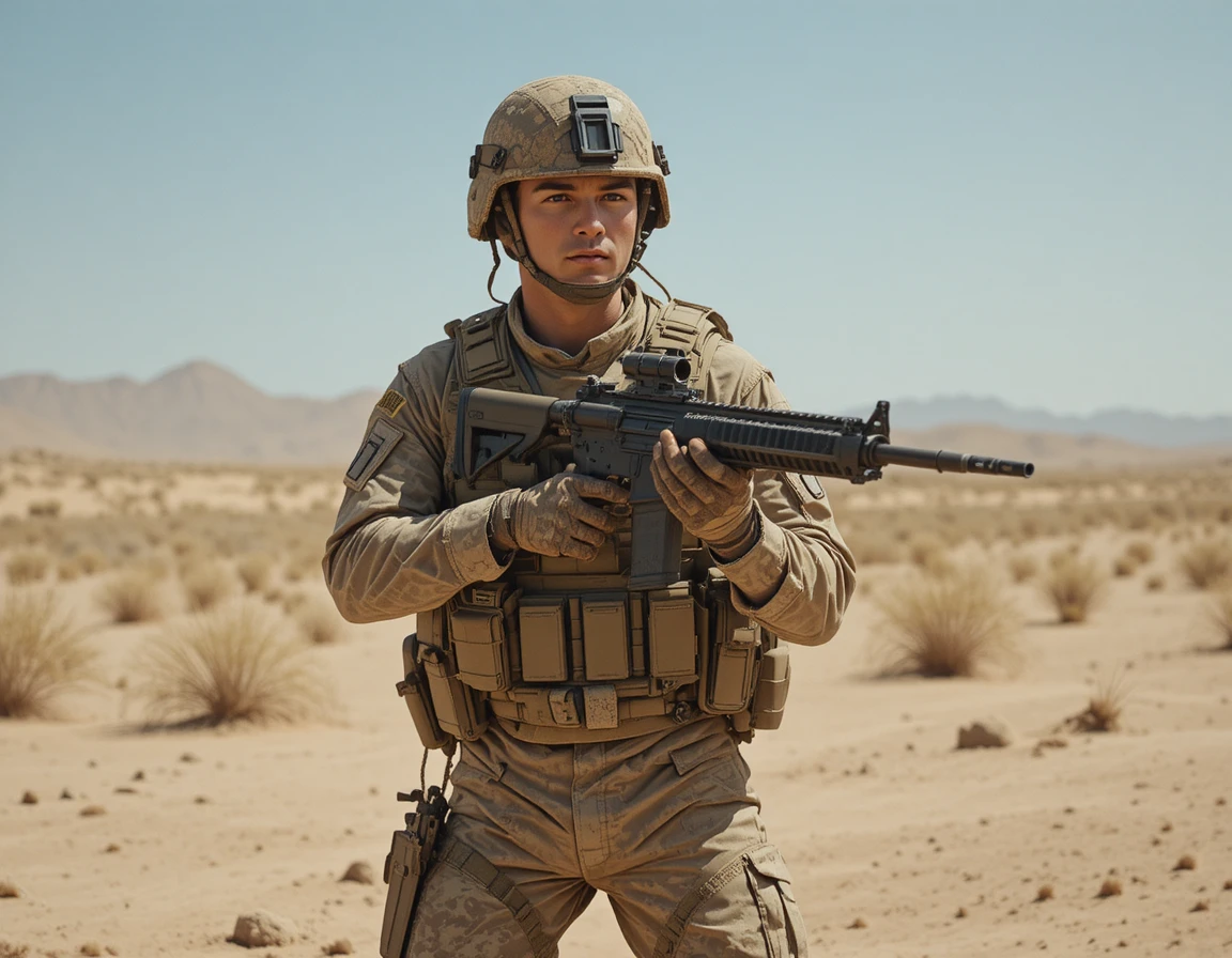 Armed soldier aiming rocket launcher in bright desert war zone
