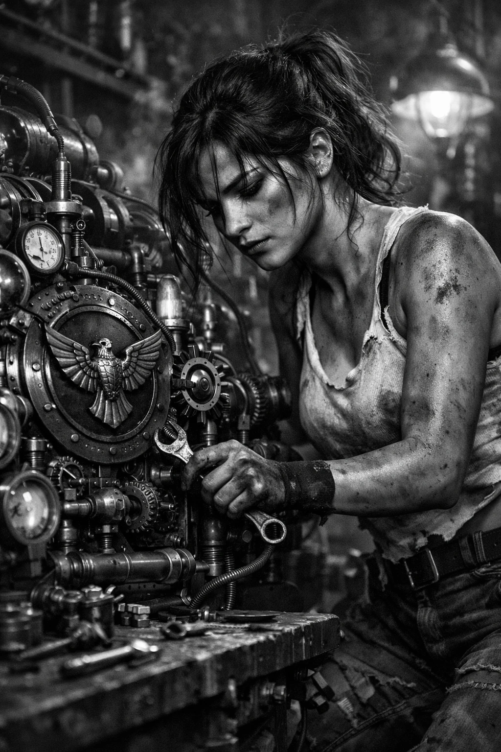 Meccanica determinata ripara una macchina steampunk in officina