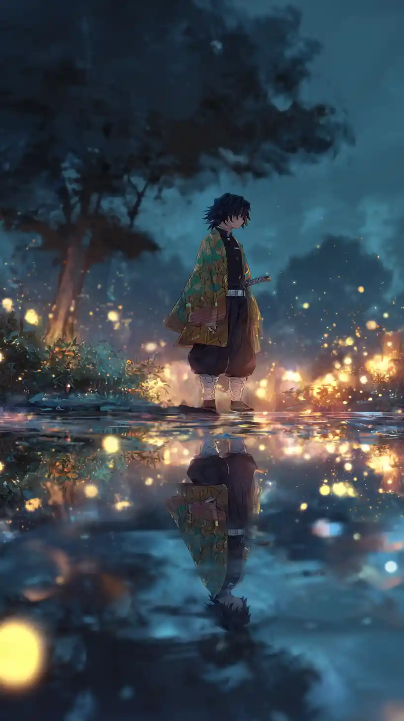 Anime boy in a moonlit forest with shimmering water reflection