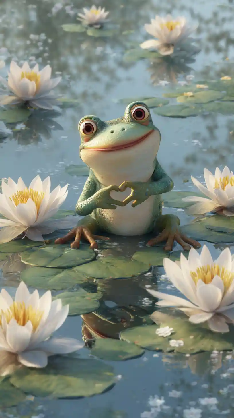 Smiling frog forming a heart by nenufar flowers on a lake