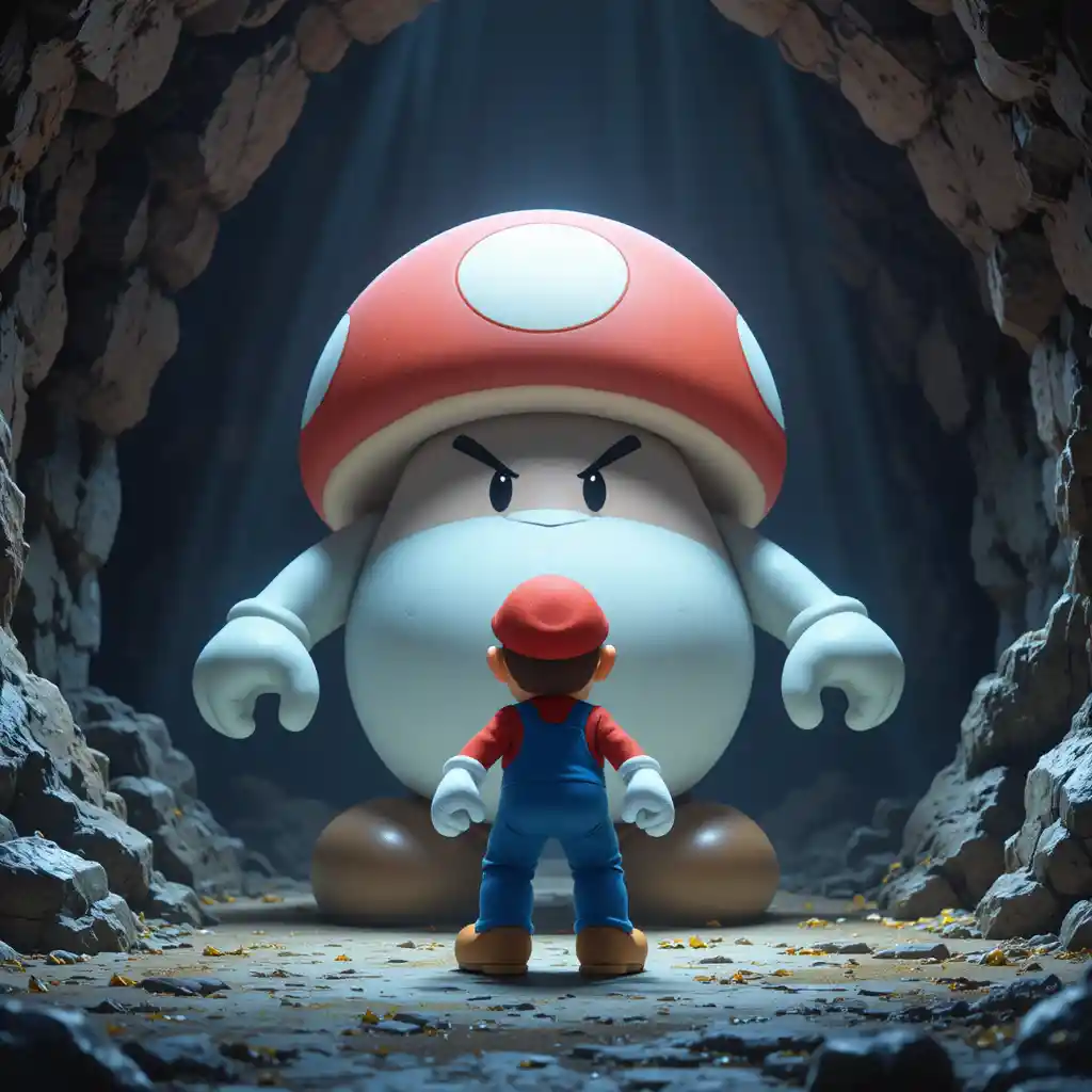 3D cartoon cave scene with Mario facing giant Goomba