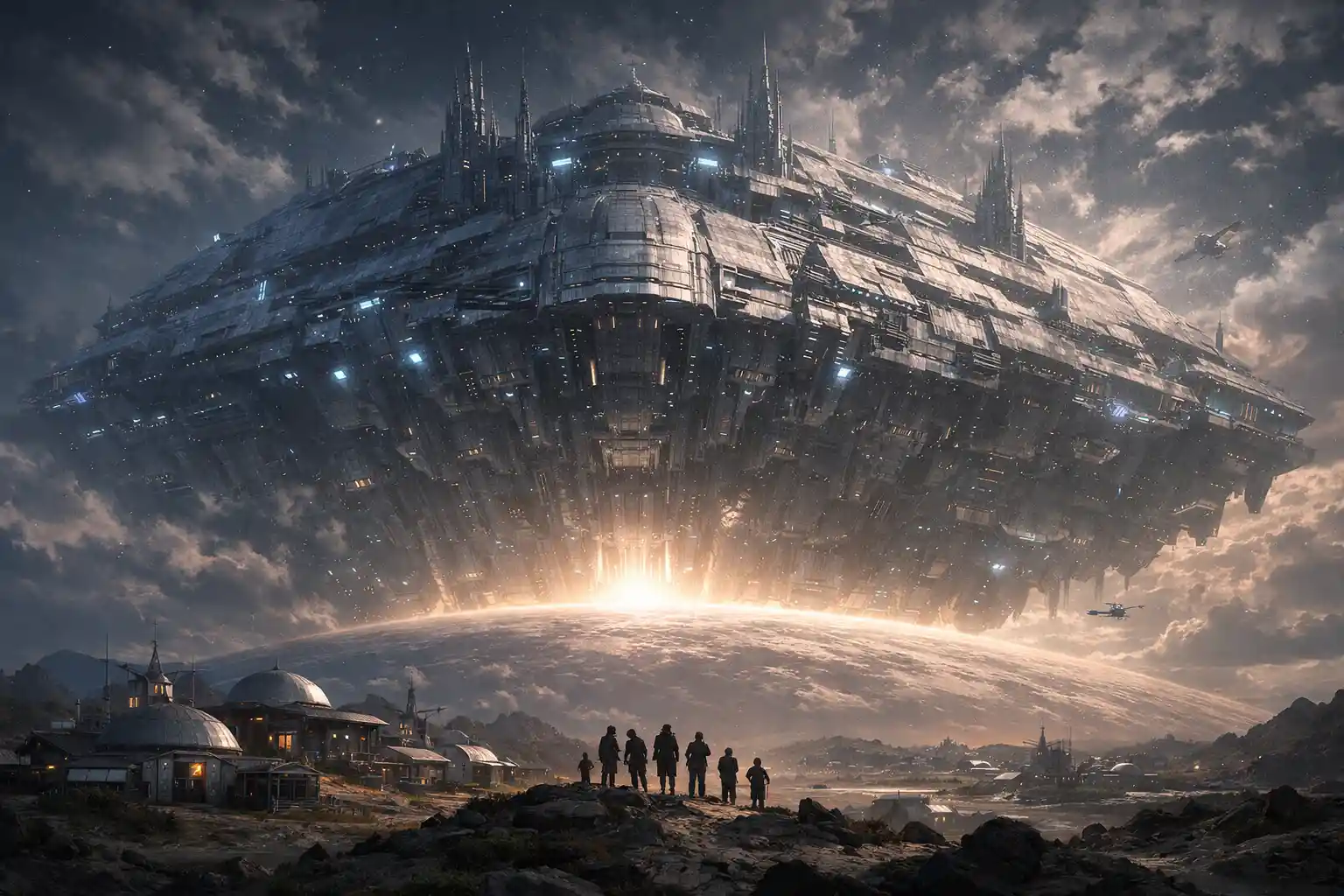 Gigantic alien starship rising above a distant planet horizon