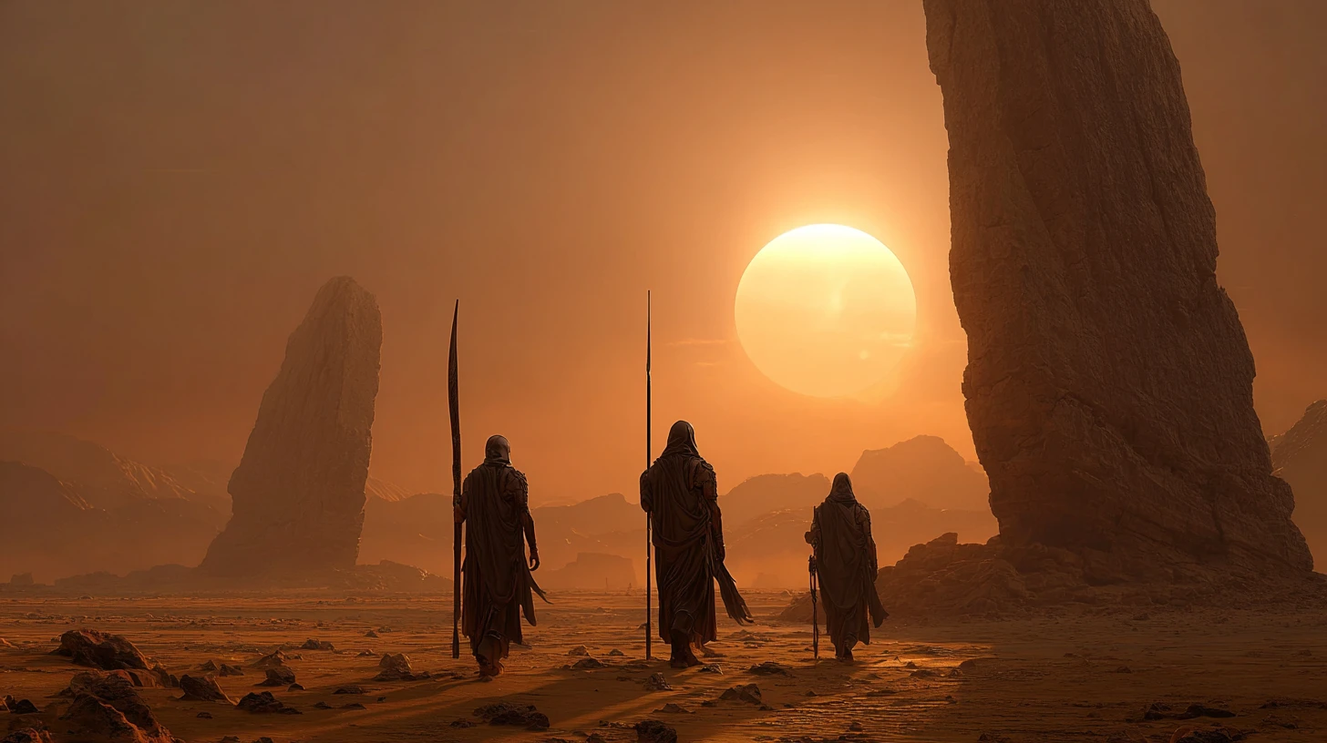 Tall alien priestess guards a vast twin sun desert