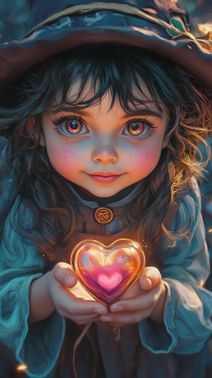 Cute toddler wizard holding a glowing heart potion bottle