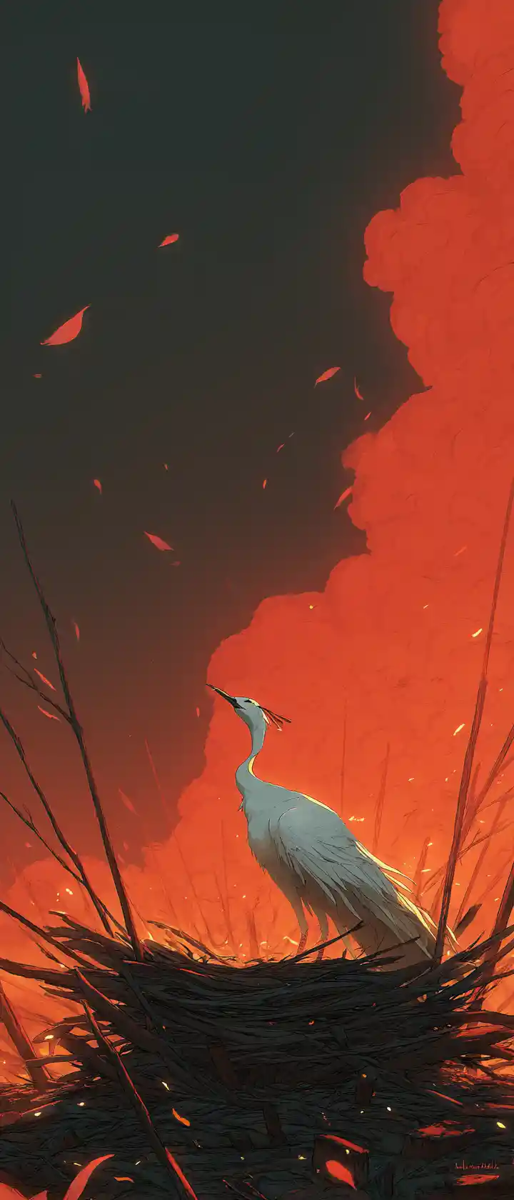 Fénix caída descansando en un oscuro cráter volcánico