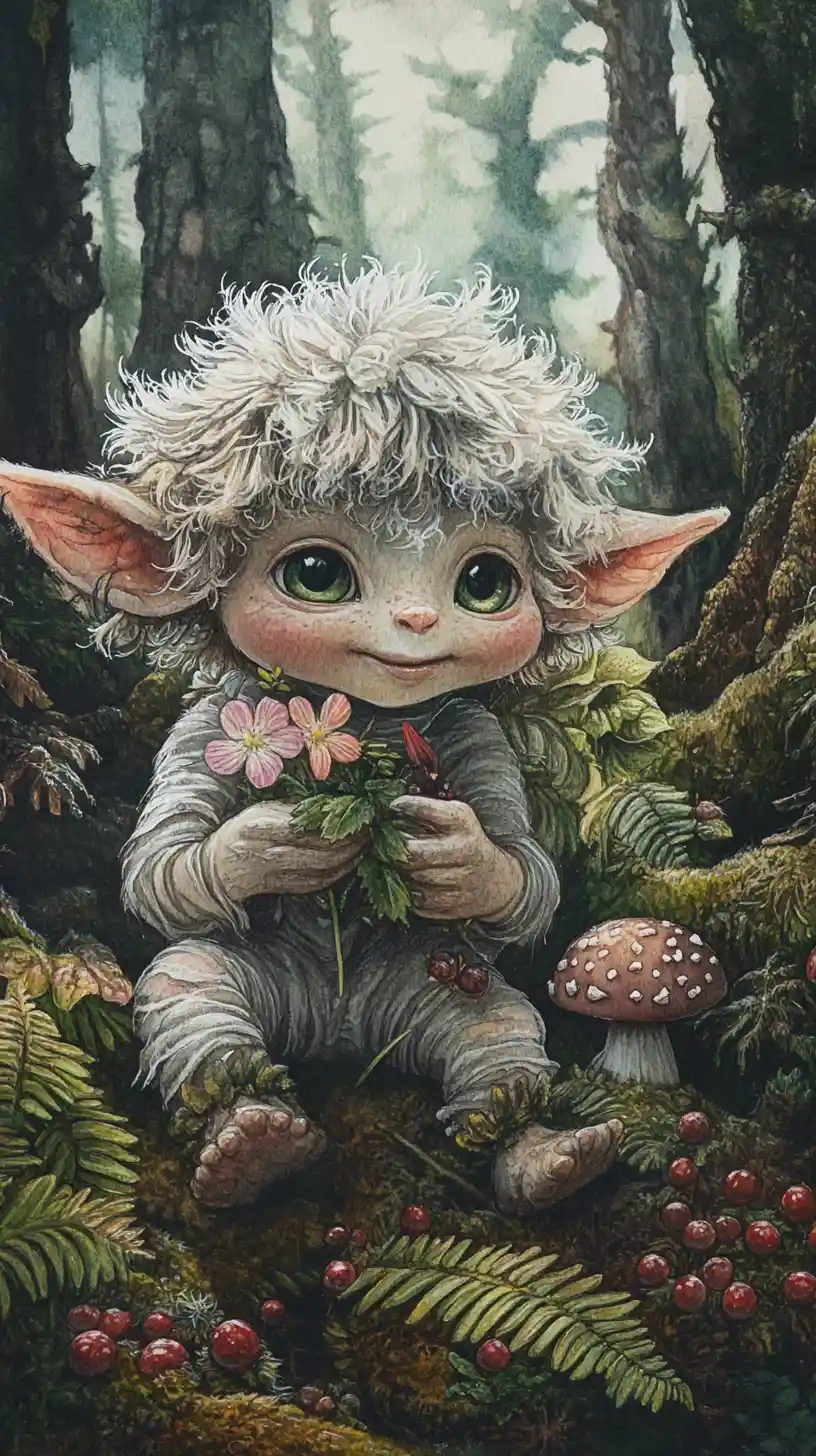 Cute little troll picking magical flowers in forest
