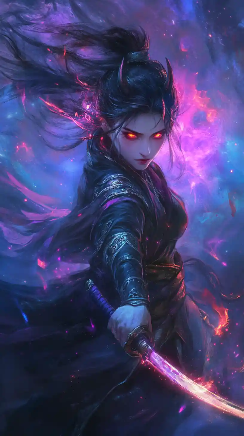 Demonic warrior woman lunges forward with glowing katana