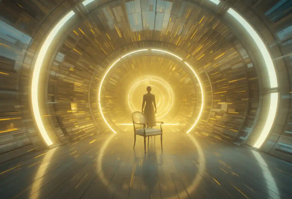 Figura solitaria in un UFO luminoso all'interno di una stanza futuristica