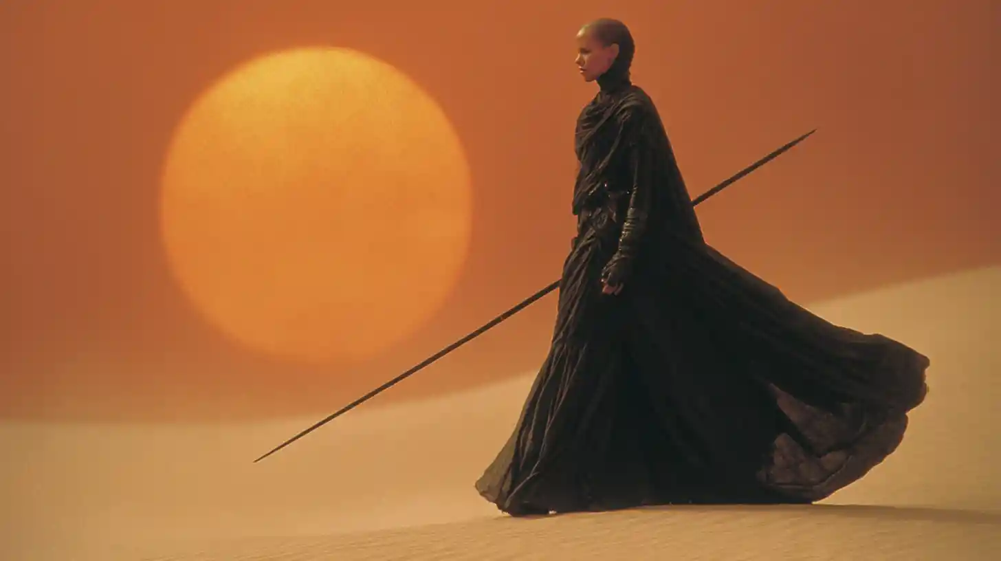 Tall alien priestess with guards under twin suns