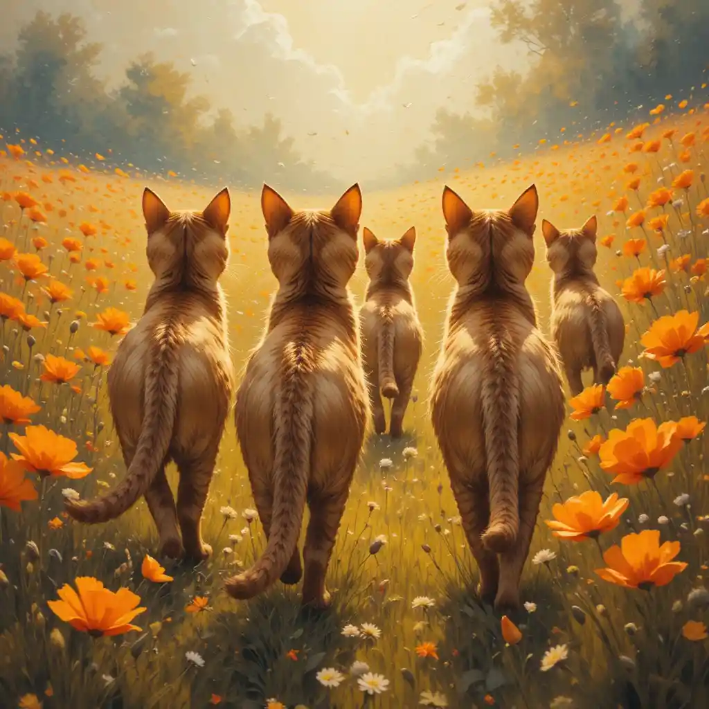 Four abyssinian cats running through an orange poppy meadow