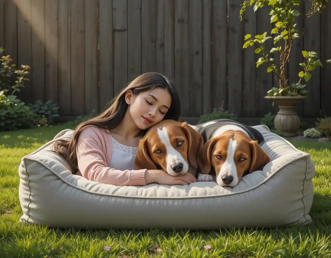 Two dogs sleeping together on a soft outdoor dog bed