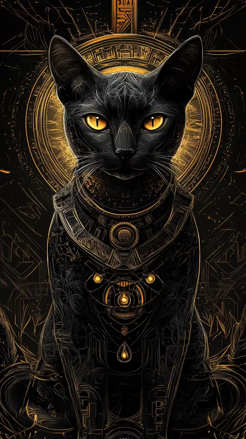 Regal black bastet cat statue in an egyptian fantasy palace