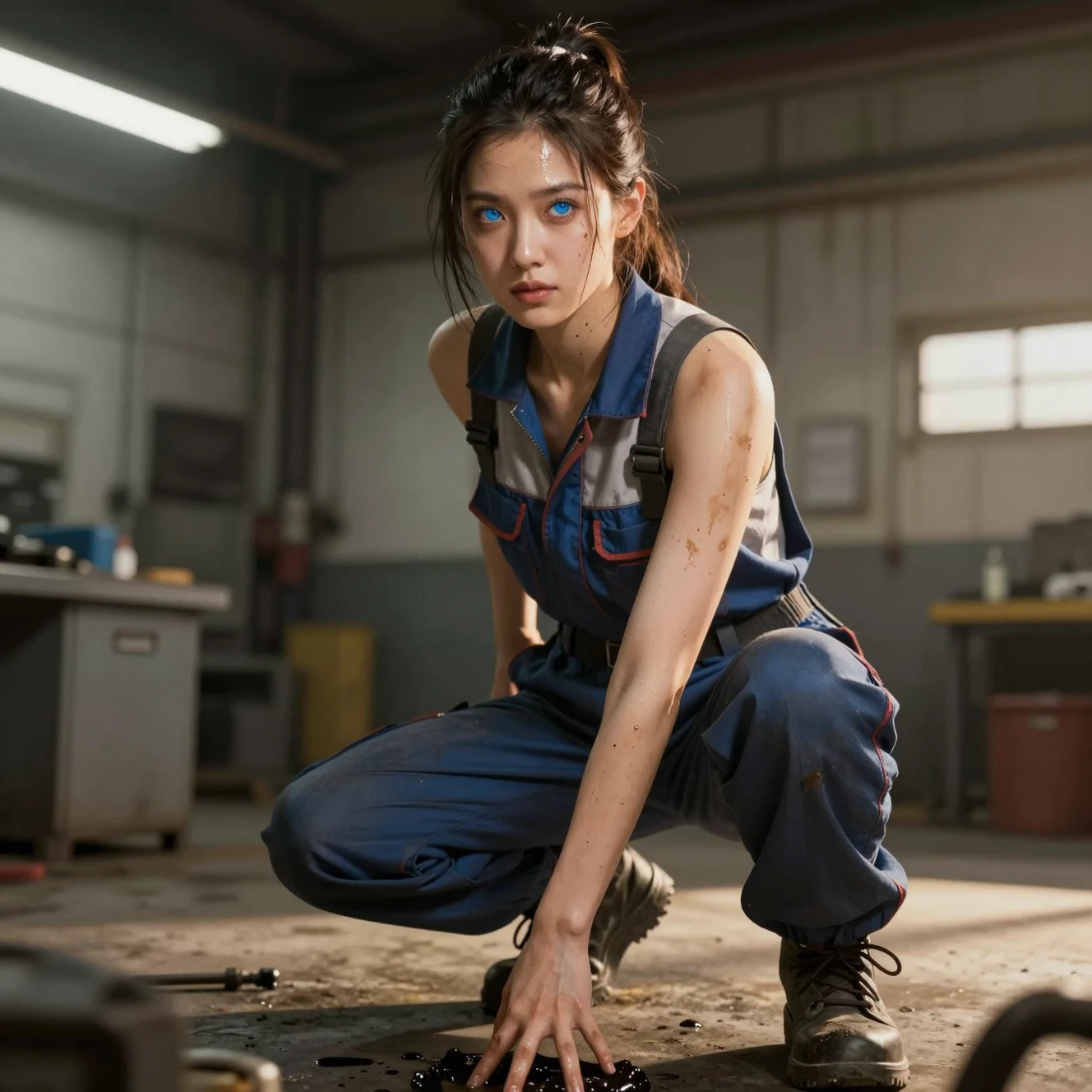 Female mechanic in a garage under warm industrial light