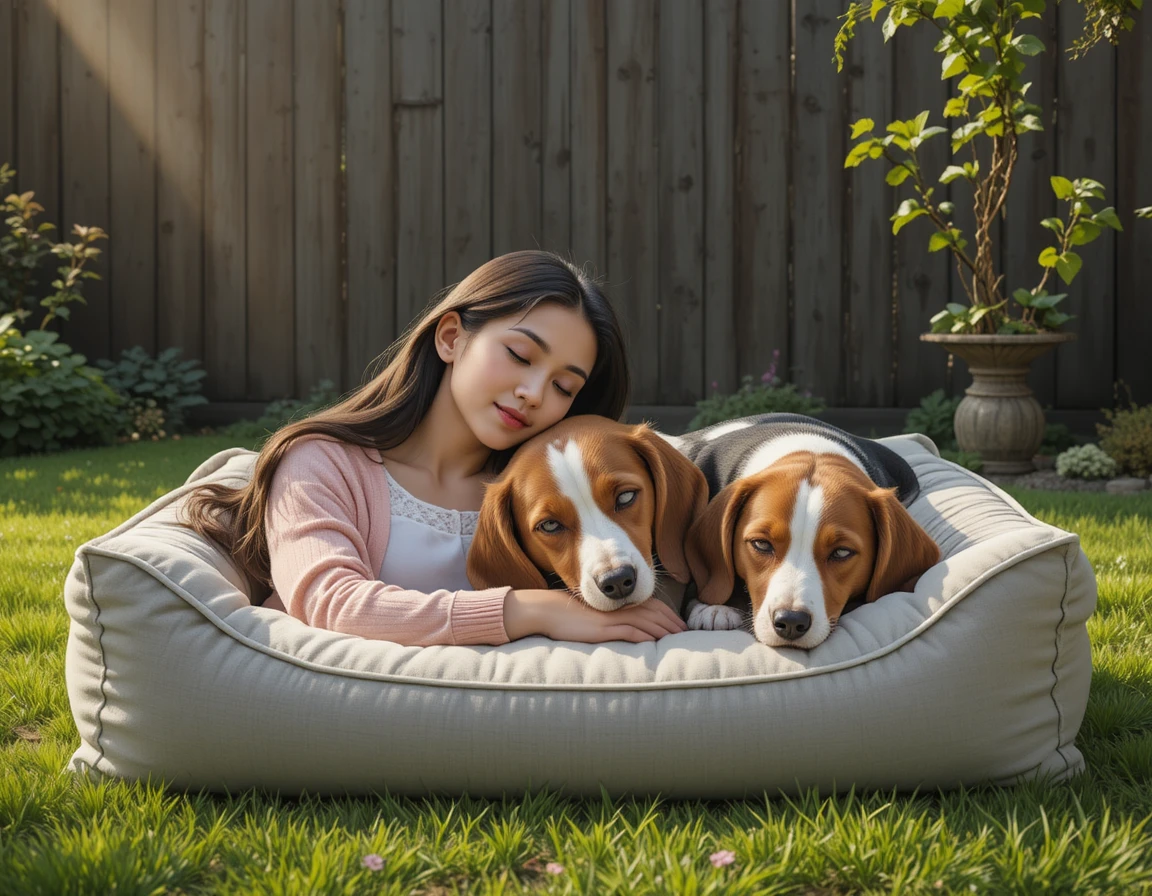 Two dogs sleeping together on a soft outdoor dog bed