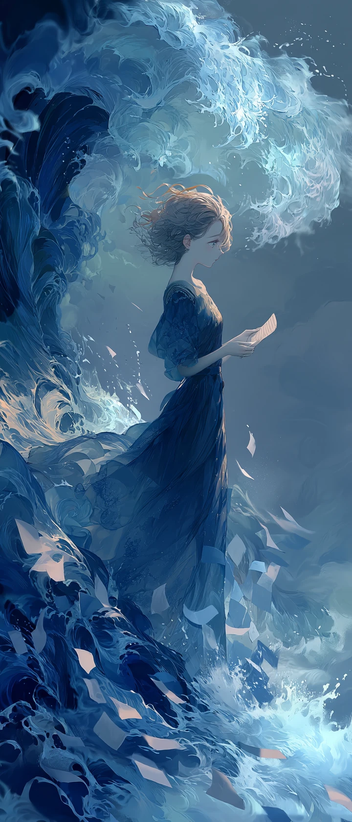 Woman in stormy ocean holding dissolving letters at dusk