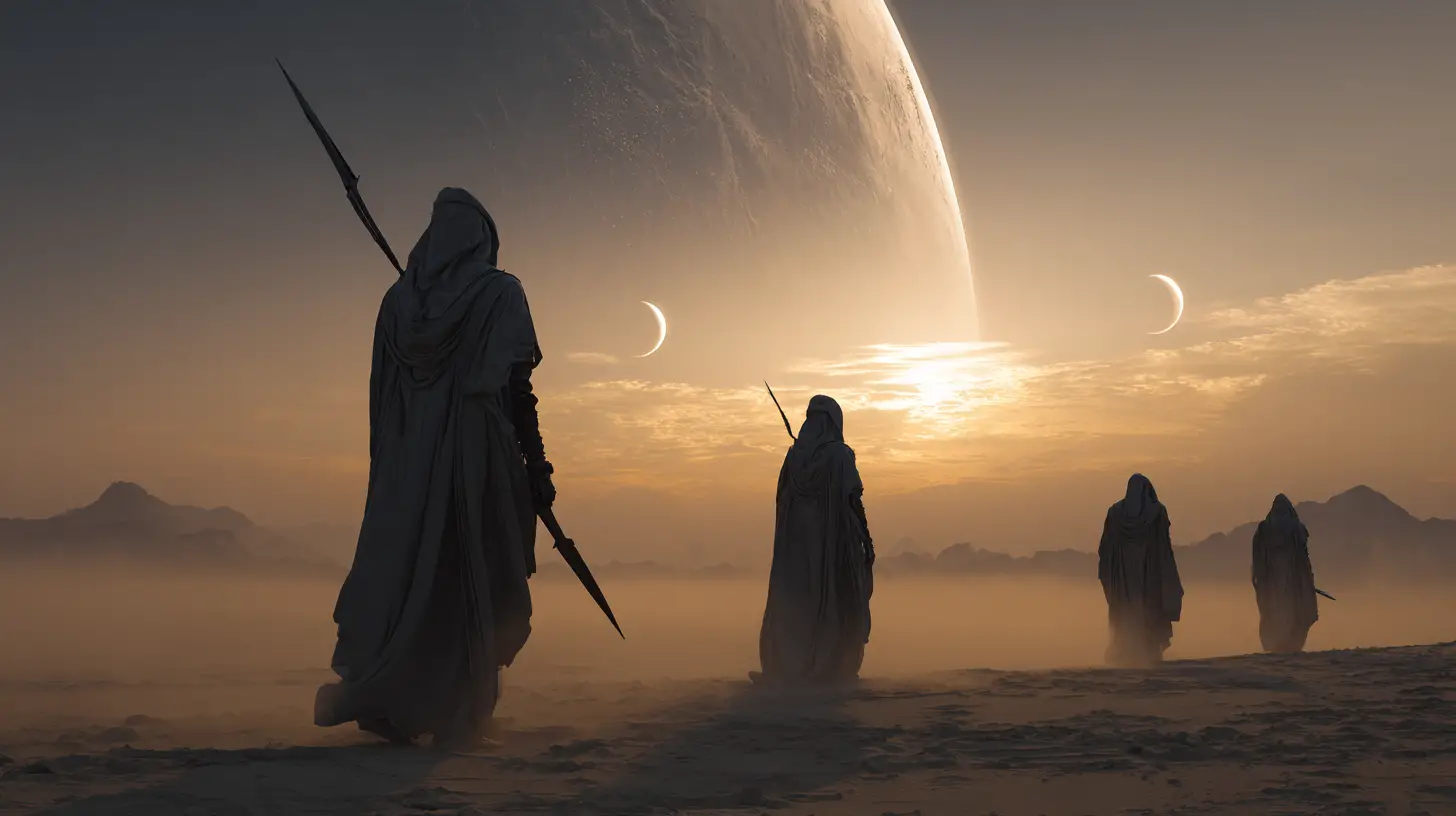 Tall alien desert priestess with guards under twin suns