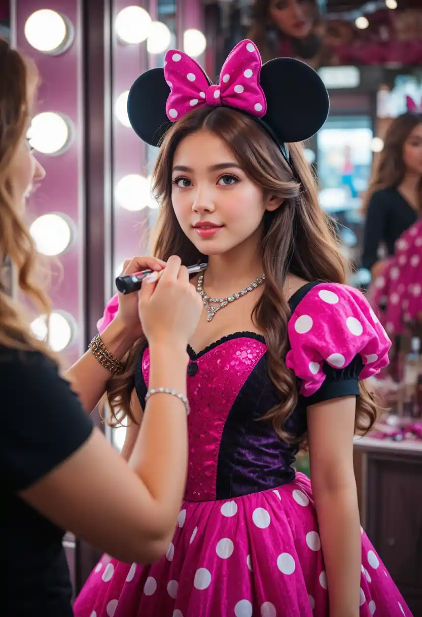 Young boy in Minnie dress seeing his reflection in makeup mirror