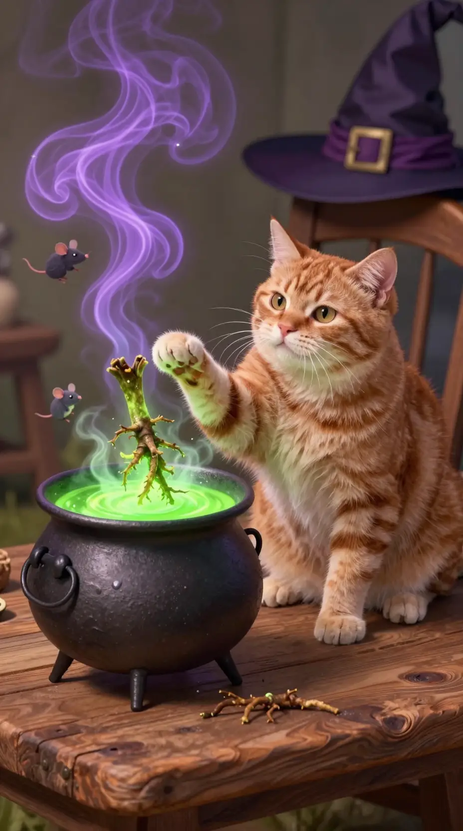 Playful ginger cat brewing magic by a rustic cauldron