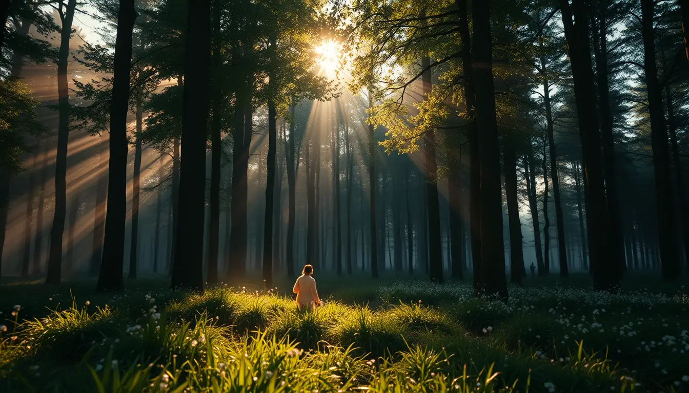 Cinematic wide view of a peaceful forest at dawn