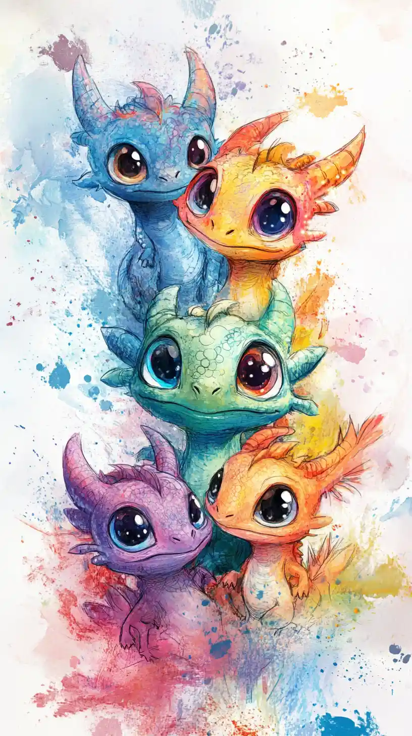 Süße Babydrachen mit großen glänzenden Augen in Aquarell-Tinte