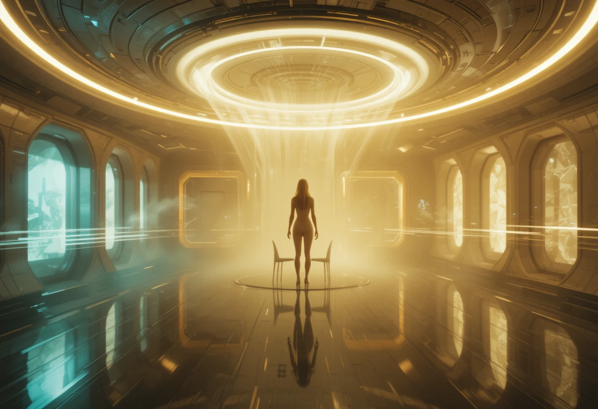 Futuristic room with a lone figure standing inside a ufo