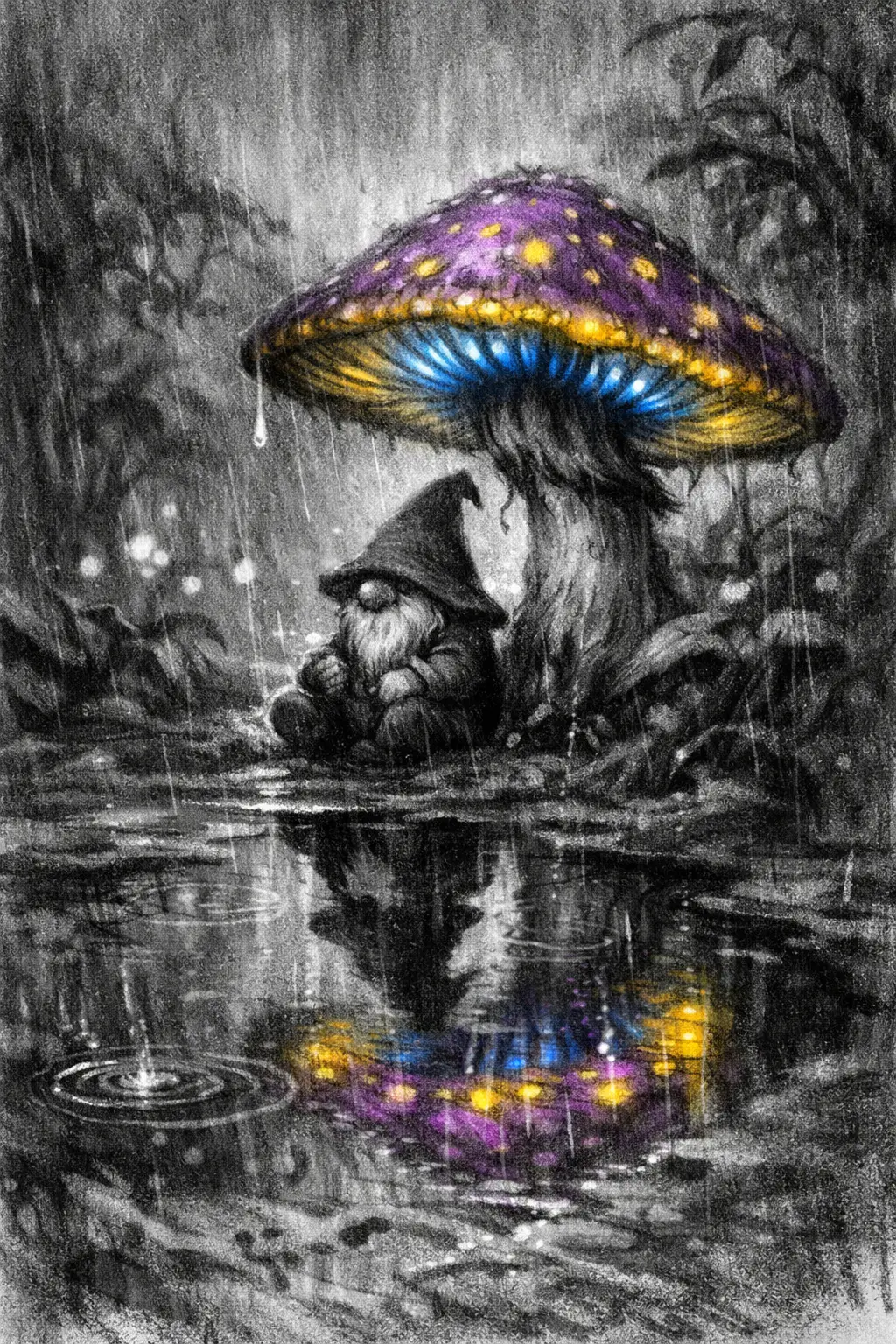 Gnome Under Mushroom In Rainy Fantasy Garden At Dusk
