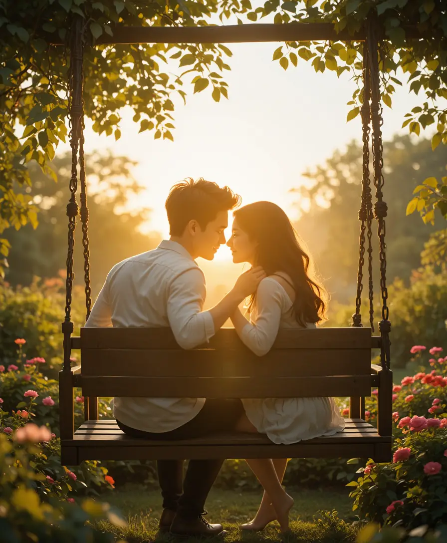 Romantic couple on a wooden garden swing at sunset