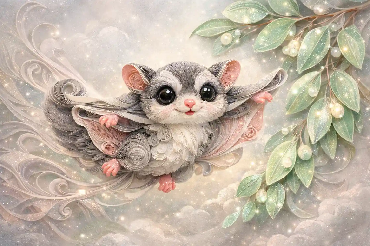 Whimsical paper quilling sugar glider near glowing eucalyptus