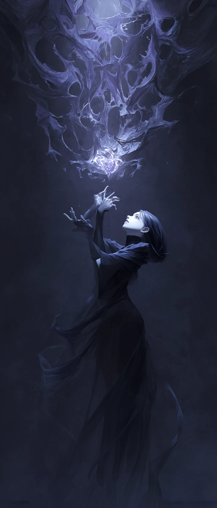Shadow sorceress reaching for a fading human heart