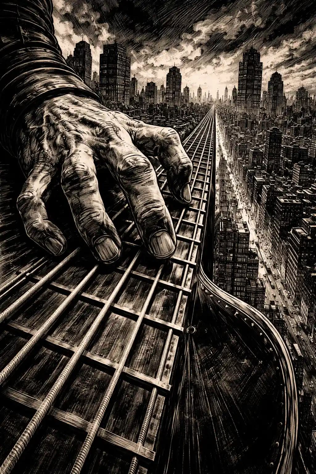Giant Hand Strumming Guitar Strings Across A Dark City