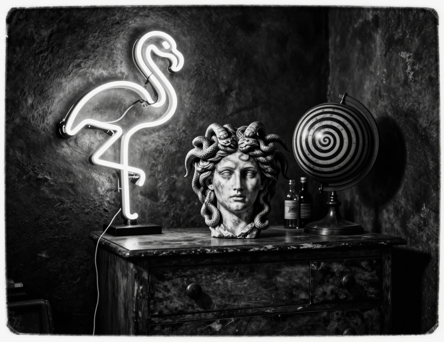 Mystische Medusa-Skulptur unter neonpinkem Flamingo-Wandleuchter
