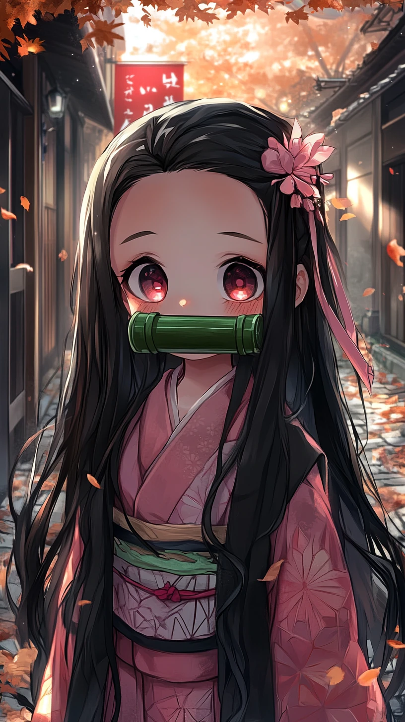 Chibi anime girl in pink kimono on an autumn street