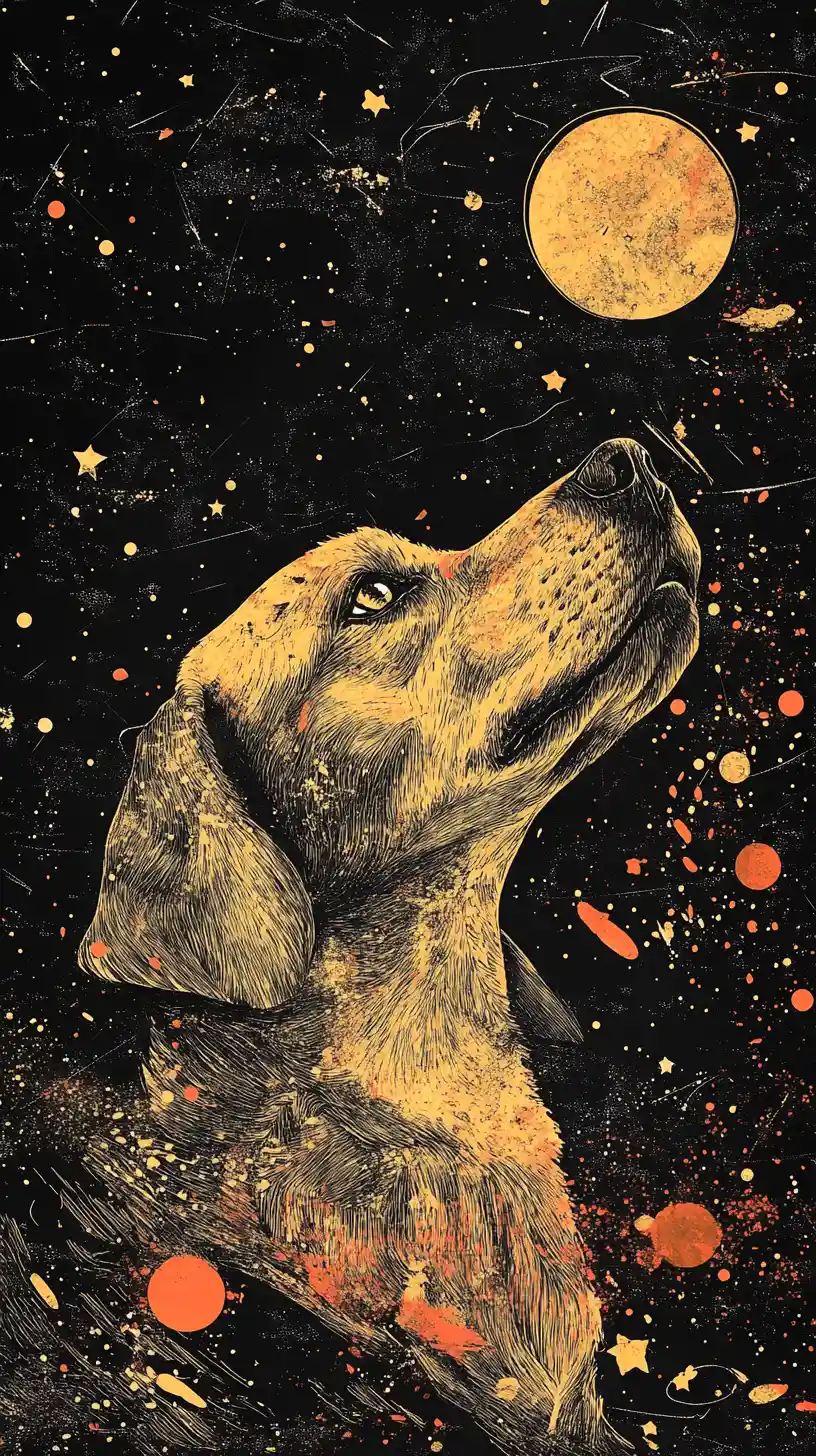 Low angle comic portrait of a dog under the moon